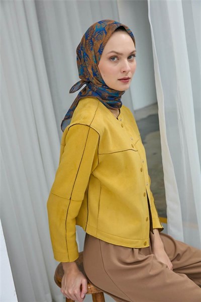 Pamuk Polyester Soft Eşarp Koyu Sarı Yaprak Desen 90*90