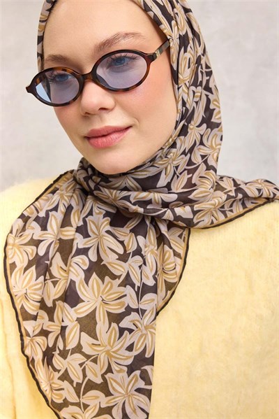 Pamuk Polyester Soft Eşarp Koyu Siyah Flora Desenli Kaymaz Dokulu 90x90