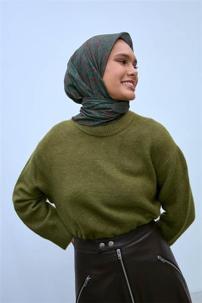 Pamuk Polyester Soft Eşarp Koyu Yeşil Geometrik Desen 90*90