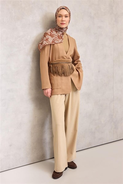 Pamuk Polyester Soft Eşarp Latte Soyut Desenli Tok Duruşlu 90x90