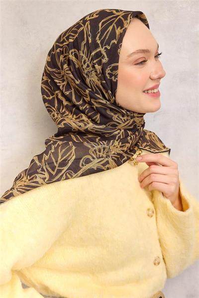 Pamuk Polyester Soft Eşarp Lilyum Desen Dumanlı Siyah 90x90