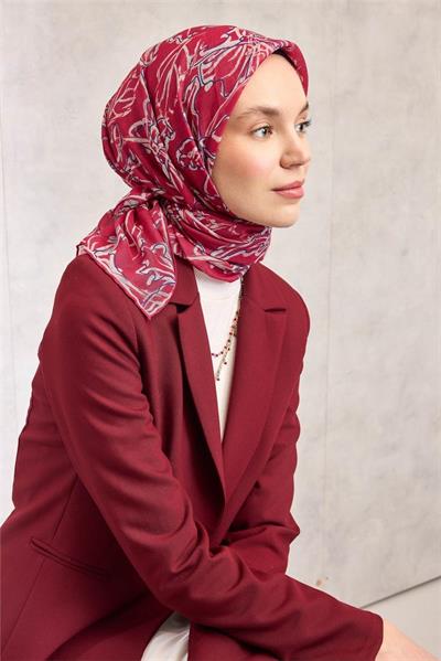 Pamuk Polyester Soft Eşarp Lilyum Desen Fuşya 90x90