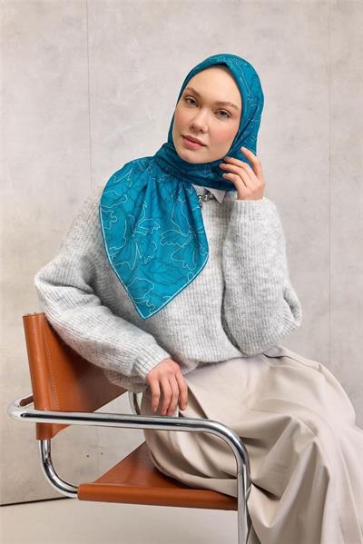 Pamuk Polyester Soft Eşarp Lilyum Desen Cam Göbeği 90x90