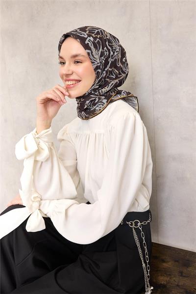 Pamuk Polyester Soft Eşarp Lilyum Desen Soluk Hardal 90x90