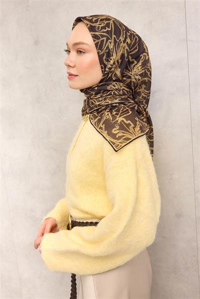 Pamuk Polyester Soft Eşarp Lilyum Desen Dumanlı Siyah 90x90