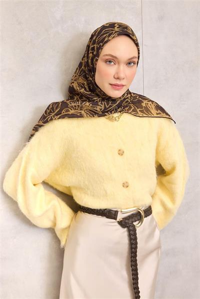 Pamuk Polyester Soft Eşarp Lilyum Desen Dumanlı Siyah 90x90