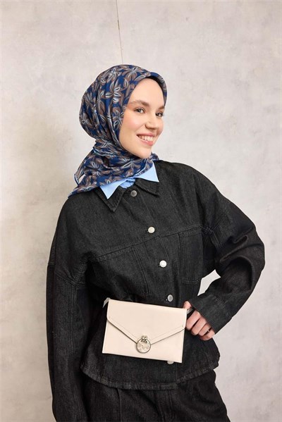 Pamuk Polyester Soft Eşarp Mavi Flora Desenli Kaymaz Dokulu 90x90
