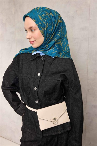 Pamuk Polyester Soft Eşarp Mavi Soyut Desenli Tok Duruşlu 90x90