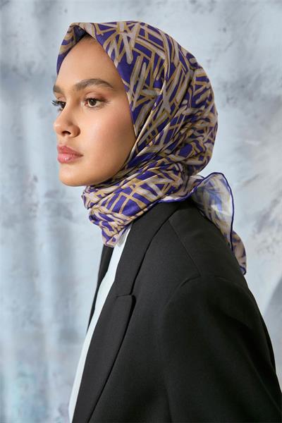 Pamuk Polyester Soft Eşarp Mor Geometrik Desen 90*90