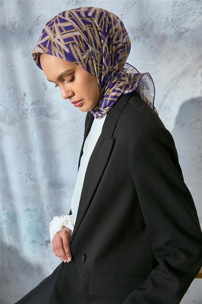 Pamuk Polyester Soft Eşarp Mor Geometrik Desen 90*90