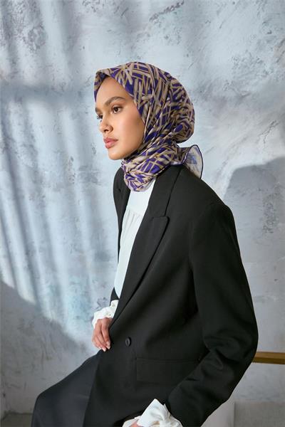 Pamuk Polyester Soft Eşarp Mor Geometrik Desen 90*90