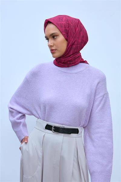 Pamuk Polyester Soft Eşarp Pembe Geometrik Desen 90*90