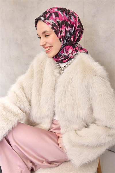 Pamuk Polyester Soft Eşarp Siyah Fuşya Büyük Papatya Desenli Tok Duruşlu 90x90