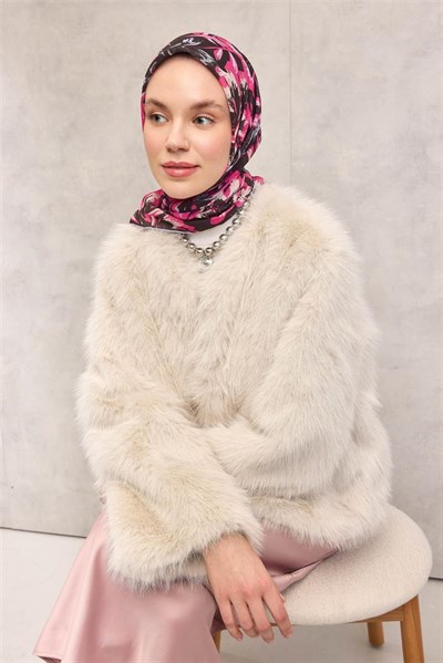 Pamuk Polyester Soft Eşarp Siyah Fuşya Büyük Papatya Desenli Tok Duruşlu 90x90