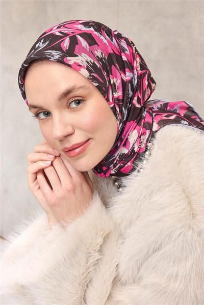 Pamuk Polyester Soft Eşarp Siyah Fuşya Büyük Papatya Desenli Tok Duruşlu 90x90