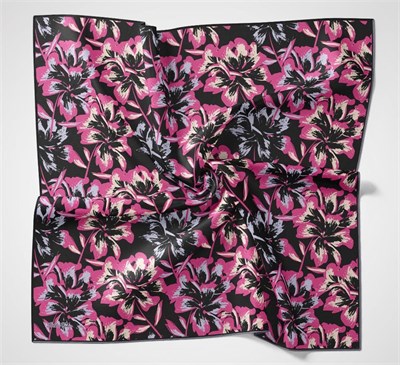 Pamuk Polyester Soft Eşarp Siyah Fuşya Büyük Papatya Desenli Tok Duruşlu 90x90