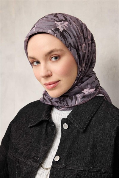 Pamuk Polyester Soft Eşarp Soluk Mor Botanik Desenli Kaymaz Dokulu Tok Duruşlu 90x90