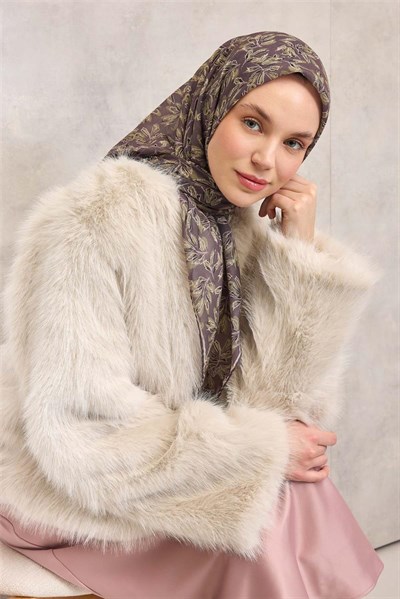 Pamuk Polyester Soft Eşarp Soluk Mor Çiçek Desenli Kaymaz Dokulu 90x90