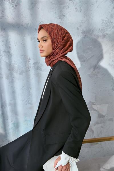 Pamuk Polyester Soft Eşarp Taba Geometrik Desen 90*90