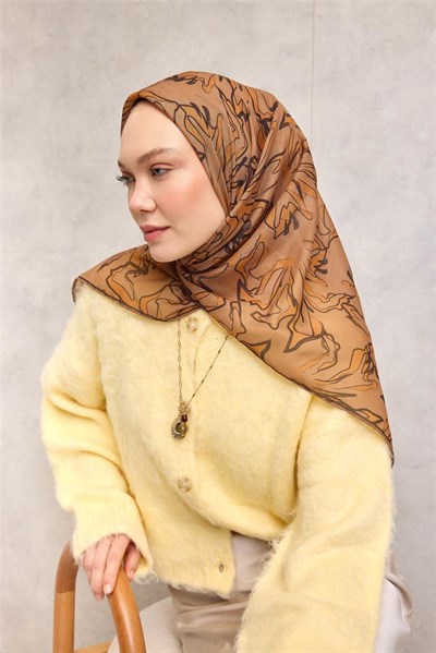 Pamuk Polyester Soft Eşarp Taba Soyut Desenli Tok Duruşlu 90x90