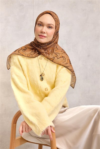 Pamuk Polyester Soft Eşarp Taba Soyut Desenli Tok Duruşlu 90x90
