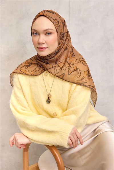 Pamuk Polyester Soft Eşarp Taba Soyut Desenli Tok Duruşlu 90x90