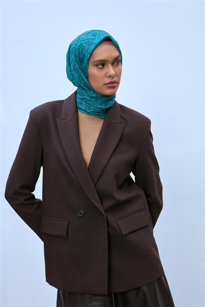 Pamuk Polyester Soft Eşarp Turkuaz Geometrik Desen 90*90