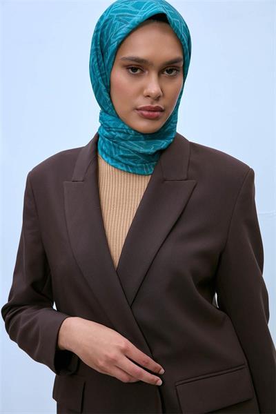 Pamuk Polyester Soft Eşarp Turkuaz Geometrik Desen 90*90
