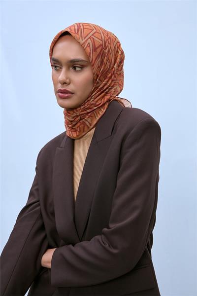 Pamuk Polyester Soft Eşarp Turuncu Geometrik Desen 90*90