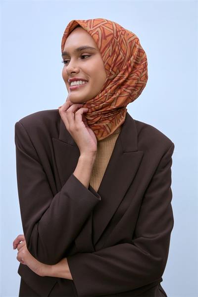 Pamuk Polyester Soft Eşarp Turuncu Geometrik Desen 90*90