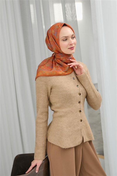 Pamuk Polyester Soft Eşarp Turuncu Yaprak Desen 90*90