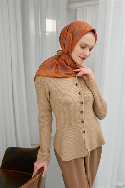 Pamuk Polyester Soft Eşarp Turuncu Yaprak Desen 90*90