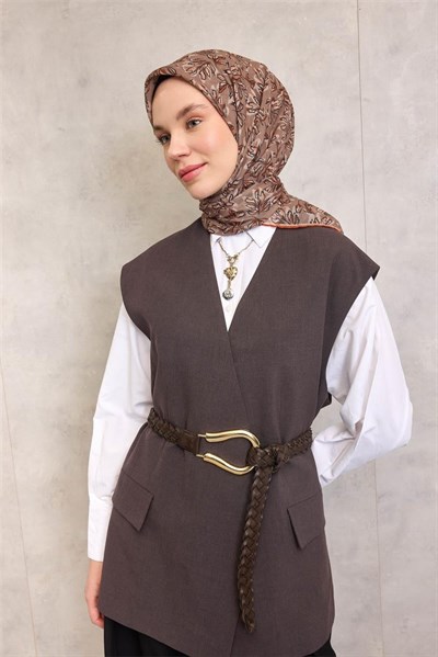Pamuk Polyester Soft Eşarp Vizon Ton Çiçek Desenli Kaymaz Dokulu 90x90