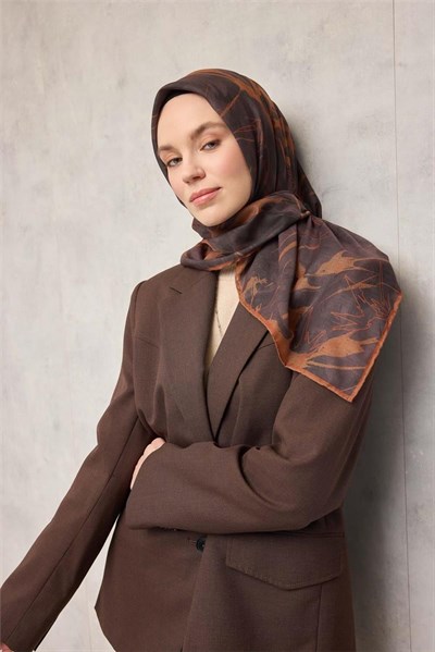 Pamuk Polyester Soft Eşarp Yaprak Desen Kestane 90x90