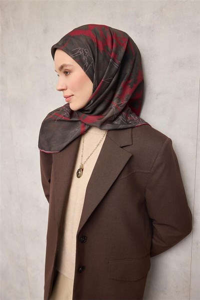 Pamuk Polyester Soft Eşarp Yaprak Desen Dumanlı Siyah 90x90