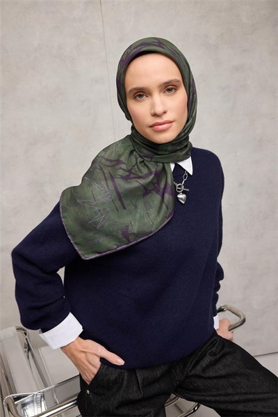 Pamuk Polyester Soft Eşarp Yaprak Desen Koyu Yeşil 90x90