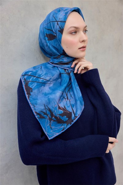 Pamuk Polyester Soft Eşarp Yaprak Desen Mavi 90x90