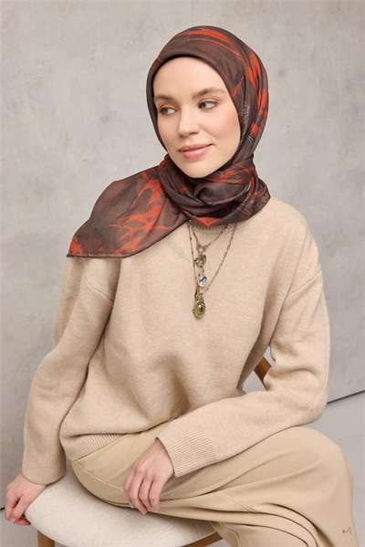 Pamuk Polyester Soft Eşarp Yaprak Desen Kahverengi 90x90