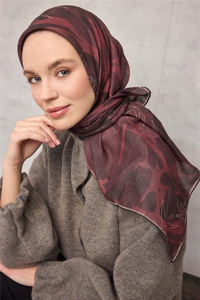 Pamuk Polyester Soft Eşarp Yaprak Desen Mürdüm 90x90