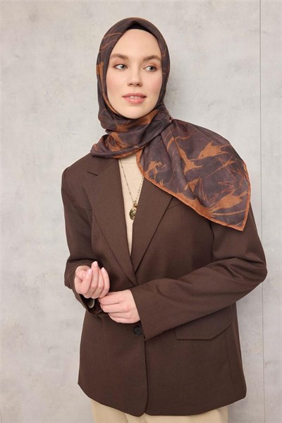 Pamuk Polyester Soft Eşarp Yaprak Desen Kestane 90x90