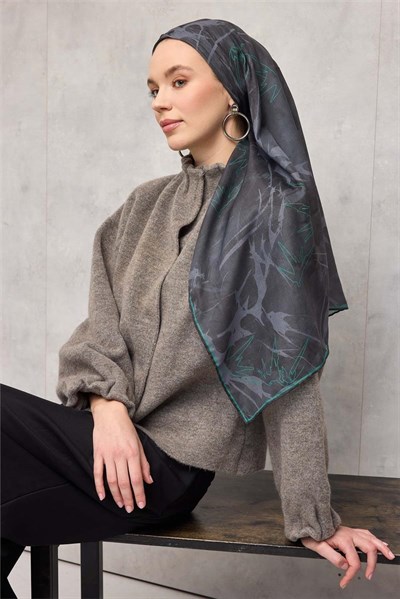 Pamuk Polyester Soft Eşarp Yaprak Desen Antrasit Mavi 90x90