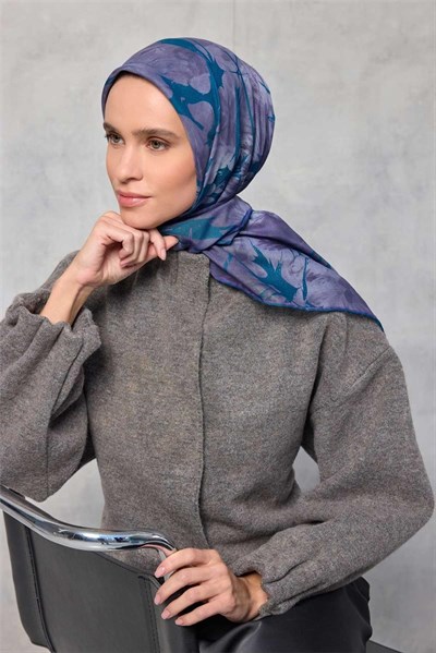 Pamuk Polyester Soft Eşarp Yaprak Desen Lavanta 90x90