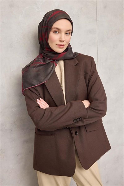 Pamuk Polyester Soft Eşarp Yaprak Desen Dumanlı Siyah 90x90