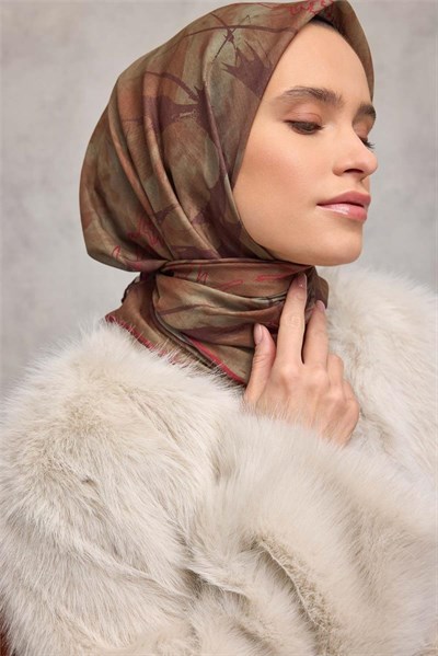 Pamuk Polyester Soft Eşarp Yaprak Desen Olive Kahve 90x90