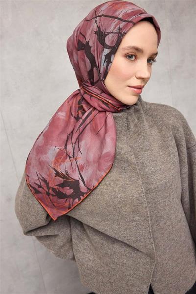 Pamuk Polyester Soft Eşarp Yaprak Desen Gül Kurusu 90x90