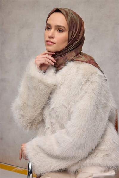Pamuk Polyester Soft Eşarp Yaprak Desen Olive Kahve 90x90