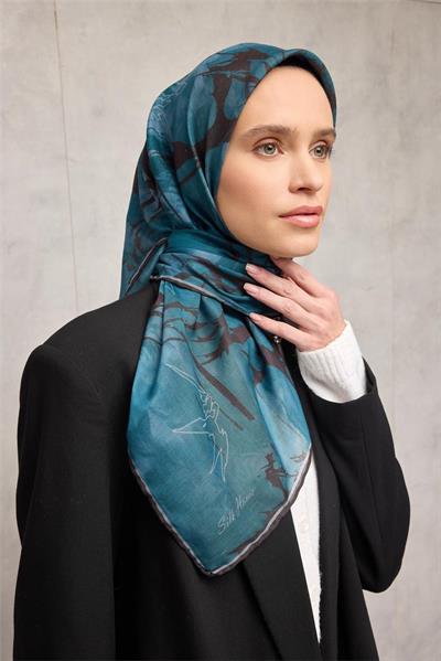 Pamuk Polyester Soft Eşarp Yaprak Desen Açık Petrol Mavisi 90x90
