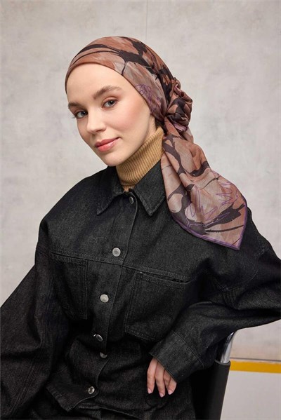 Pamuk Polyester Soft Eşarp Yaprak Desen Mor 90x90
