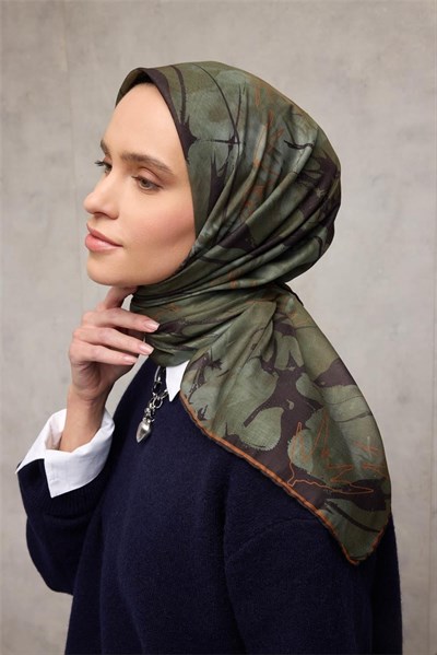 Pamuk Polyester Soft Eşarp Yaprak Desen Olive 90x90