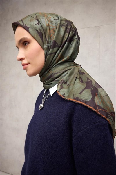 Pamuk Polyester Soft Eşarp Yaprak Desen Olive 90x90